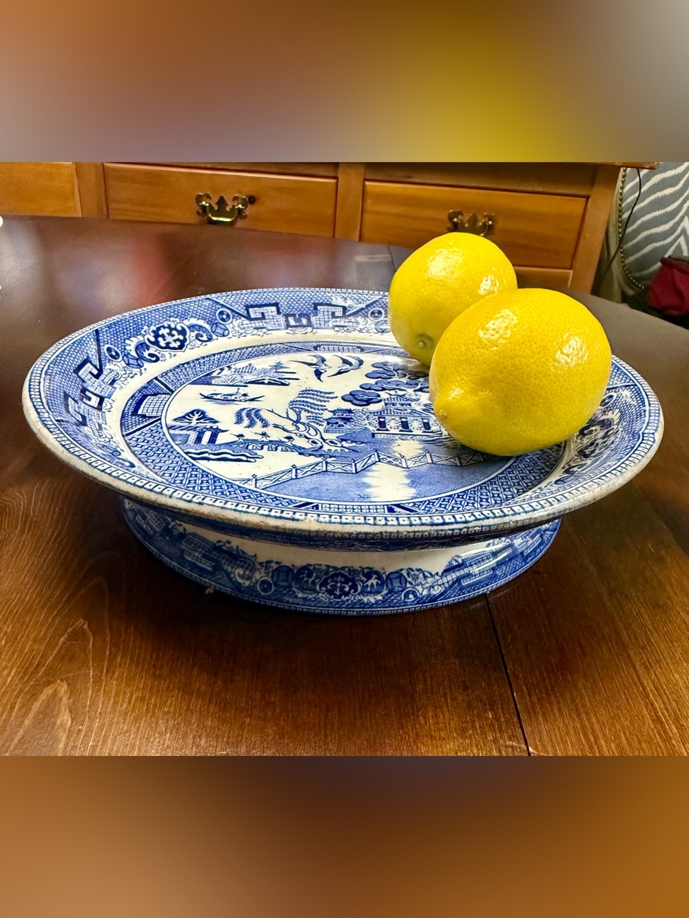 Lovely Antique English Ironstone  Footed Blue Willow Cake Stand/ Cheese Stand